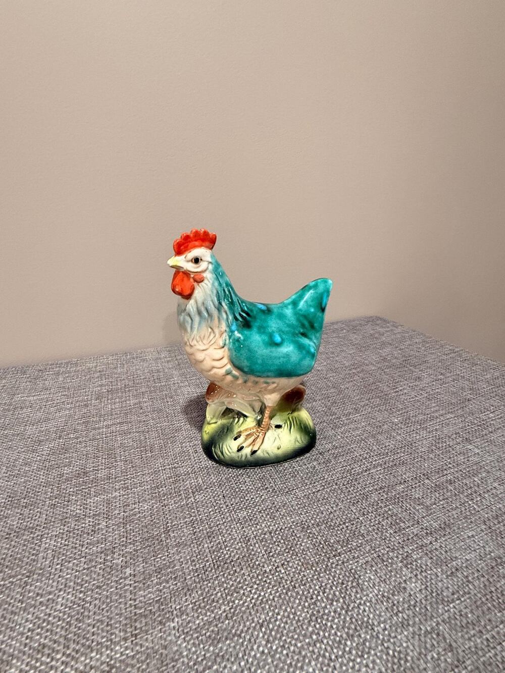 Vintage Japan Ceramic Chicken Figurine, Teal Blue Hen Statue, Farmhouse Decor